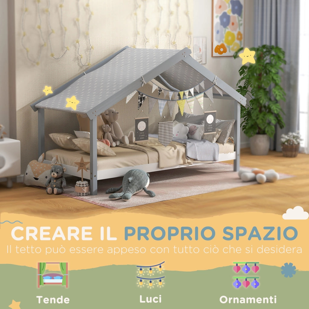 Letto a Casetta Montessori per Bambini con Tetto Stellato ¨C zephmum ¨C 90x190 cm, Grigio, Legno di Pino