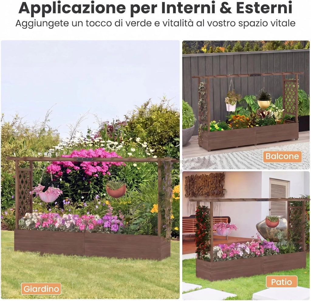 Fioriera Rialzata con Grigliato, Aiuola Rialzata con Traliccio per Piante Rampicanti e Fori di Drenaggio, Orto Elevato da Giardino, Terrazzo e Cortile (Marrone,200 x 44 x 114 cm)