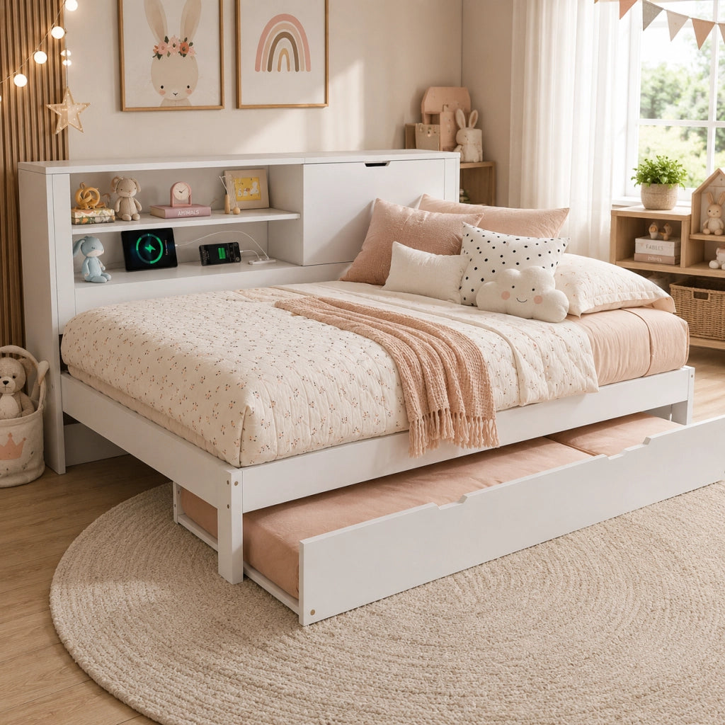 DESMIU Divano letto 140 × 190 cm 2 posti con letto estraibile, contenitore, USB e Type-C, senza materasso, bianco