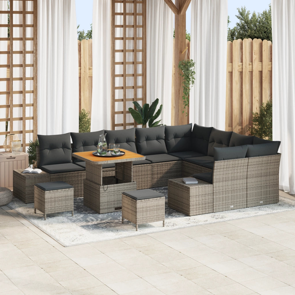 Set Divano da Giardino  12 Pezzi con Cuscini Grigio Polyrattan Acacia