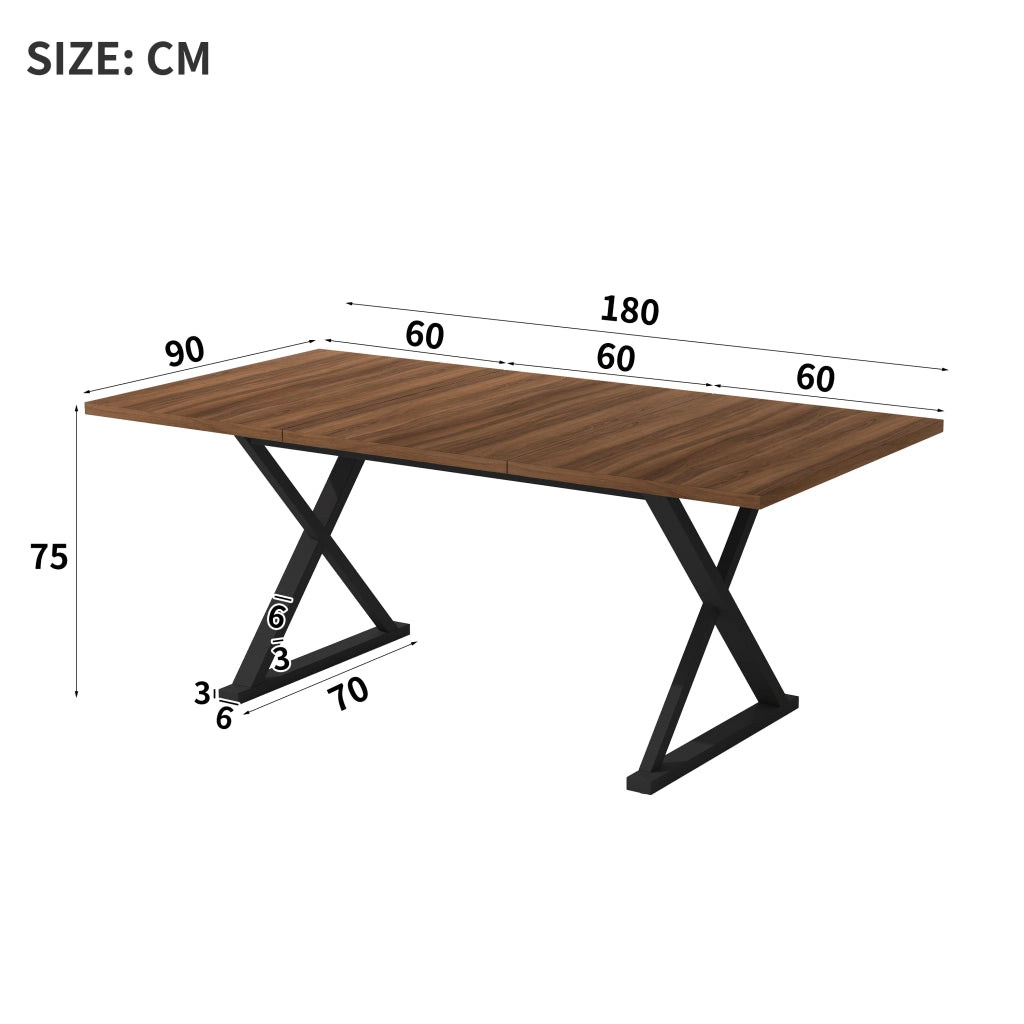 Tavolo da pranzo per 6-8 persone con gambe in metallo a X design minimalista in MDF noce e nero 180 × 90 cm