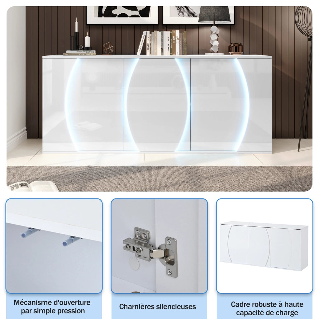 Credenza Soggiorno con LED ¨C Xylo ¨C Bianco Lucido, Truciolato, 150x40x70 cm