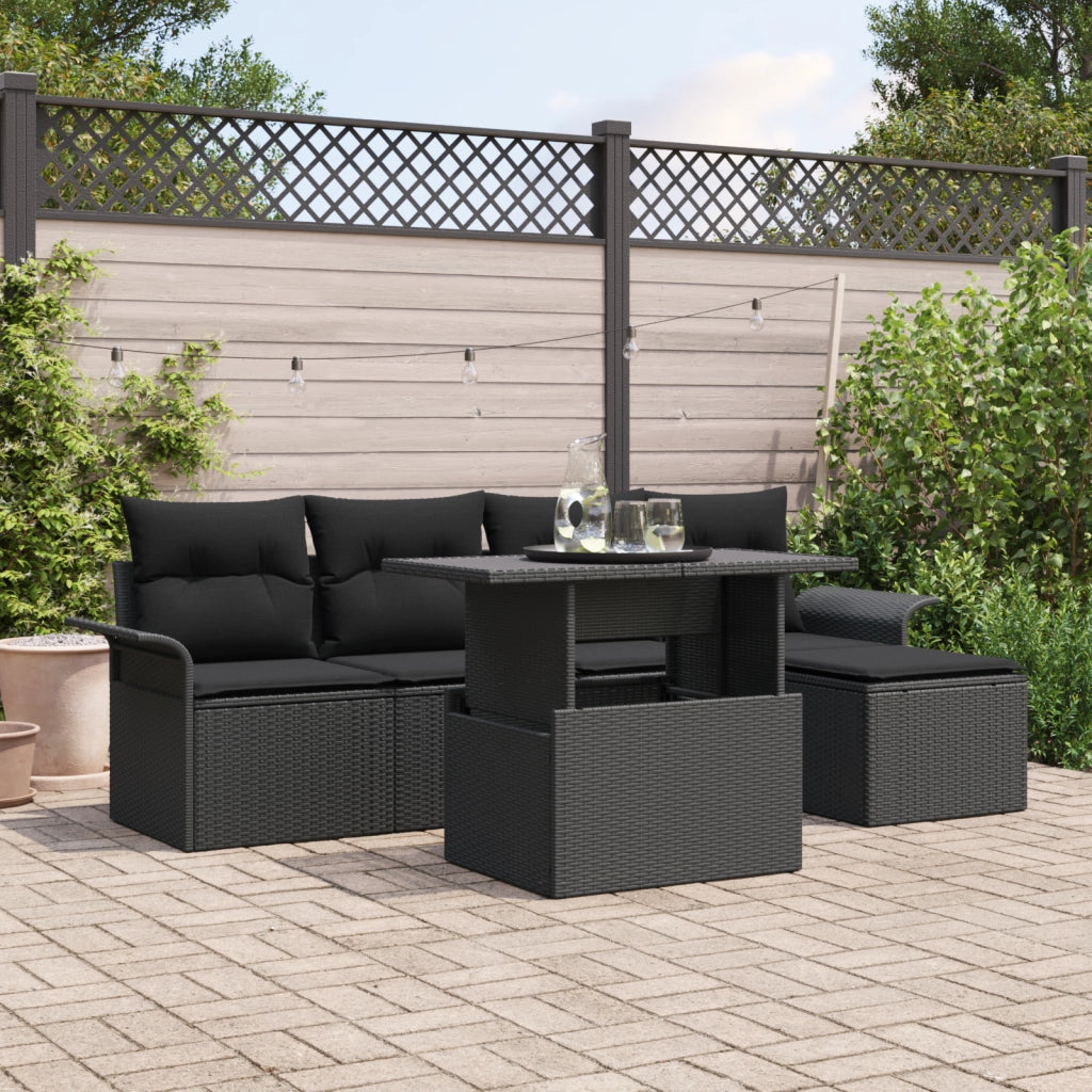 Set Divano da Giardino 6 Pezzi con Cuscini Nero Polyrattan