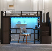 Letto a soppalco 90x200 cm con scrivania, ripiani e LED, struttura in metallo