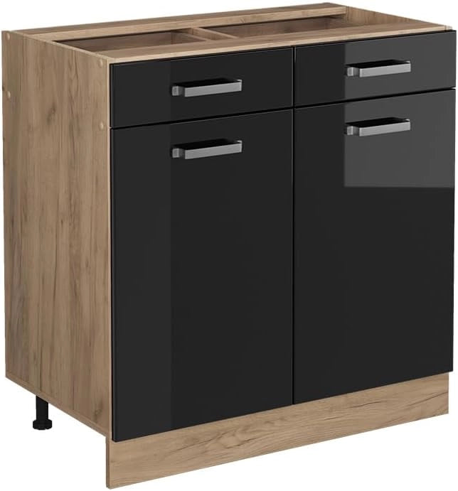 Mobiletto base per cucina R-Line, Nero lucido, 80 cm senza piano di lavoro, per la libera combinazione all'interno di sistemi cucina modulari
