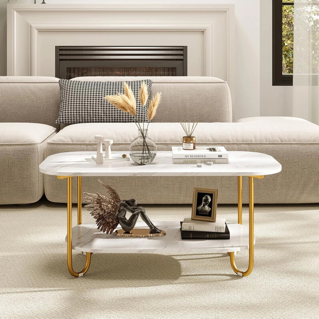 Tavolino da salotto dorato a 2 livelli, tavolino da caffè in marmo finto con angoli arrotondati, gambe antiscivolo, design rettangolare, per soggiorno, ufficio, appartamento, 100 x 50 x 45 cm