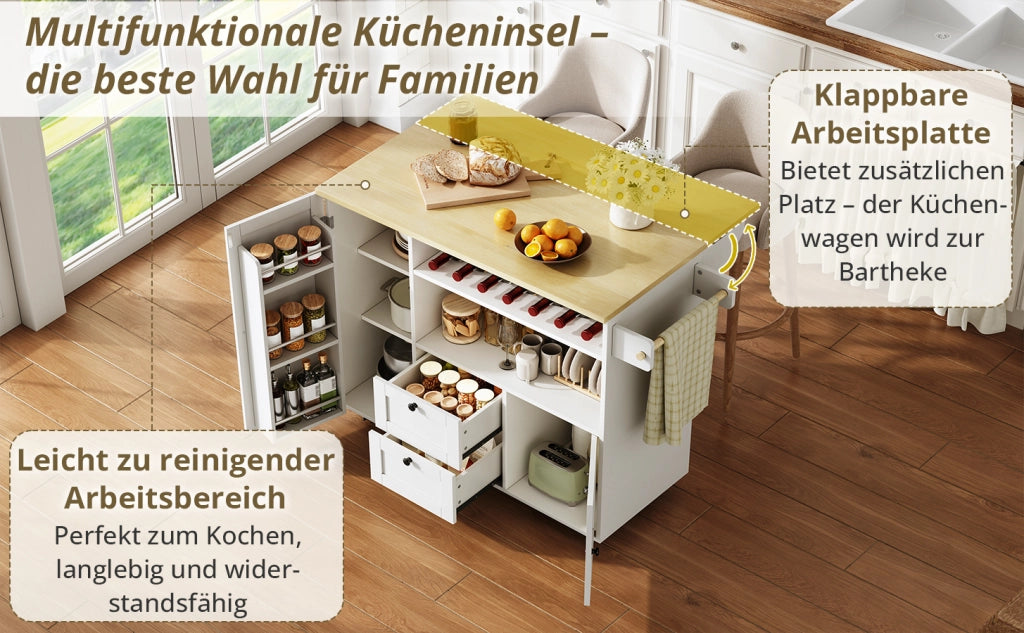 Isola cucina con piano ribaltabile, 2 cassetti, portabottiglie, portarotolo e ruote bloccabili, 104 × 45(69) × 89 cm