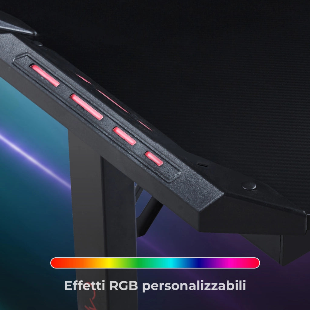 Scrivania Gaming con Luci RGB 120x60 cm, Tavolo Gamer con Porta Bicchiere e Gancio Cuffie, Desk PC Design Ergonomico Nero, Postazione Gaming e Studio