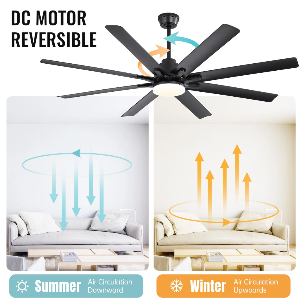 Ventilatore da soffitto reversibile 168 cm con 8 velocità; timer e telecomando; nero