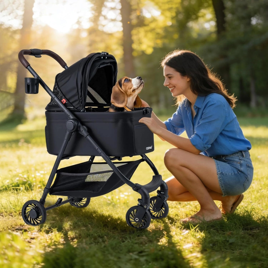 3-in-1 Passeggino per Cani, Carrozzina per Cani Rimovibile Fino a 15 kg con Tetto in Rete Regolabile, Cesto Portaoggetti e Cintura di Sicurezza, Passeggino Portatile per Cagnolino (Nero)