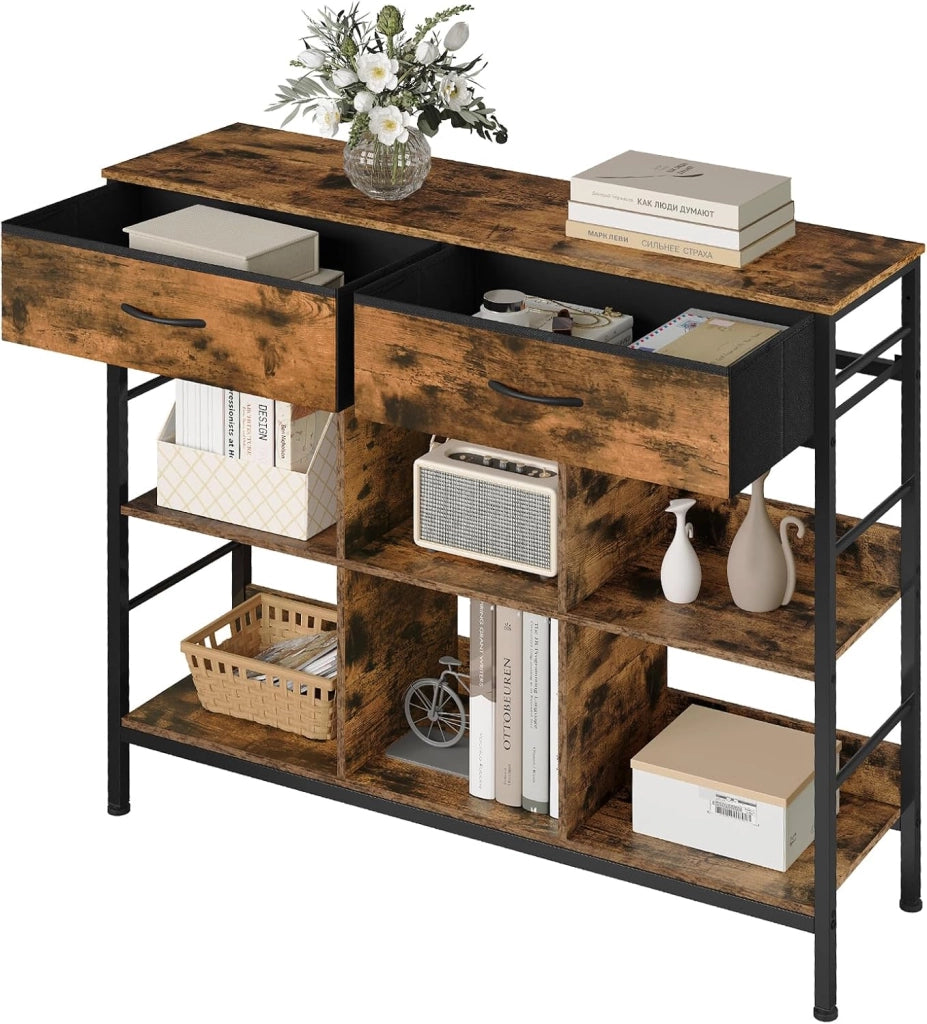 Libreria rustica marrone con 6 ripiani, 2 cassetti, struttura in metallo, autoportante, studio, soggiorno, camera da letto