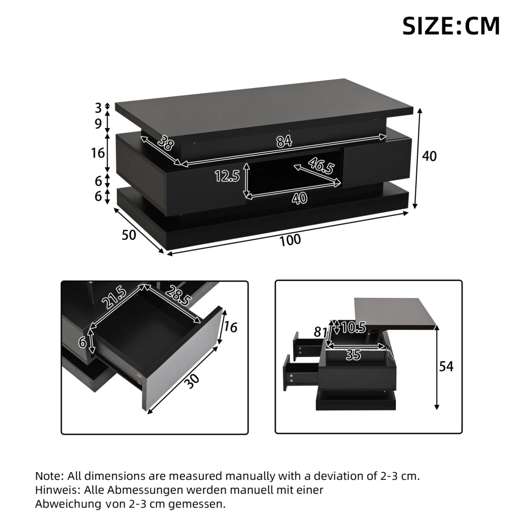 Tavolino da salotto sollevabile 100 x 50 x 40 cm in truciolare nero lucido con LED e 2 cassetti