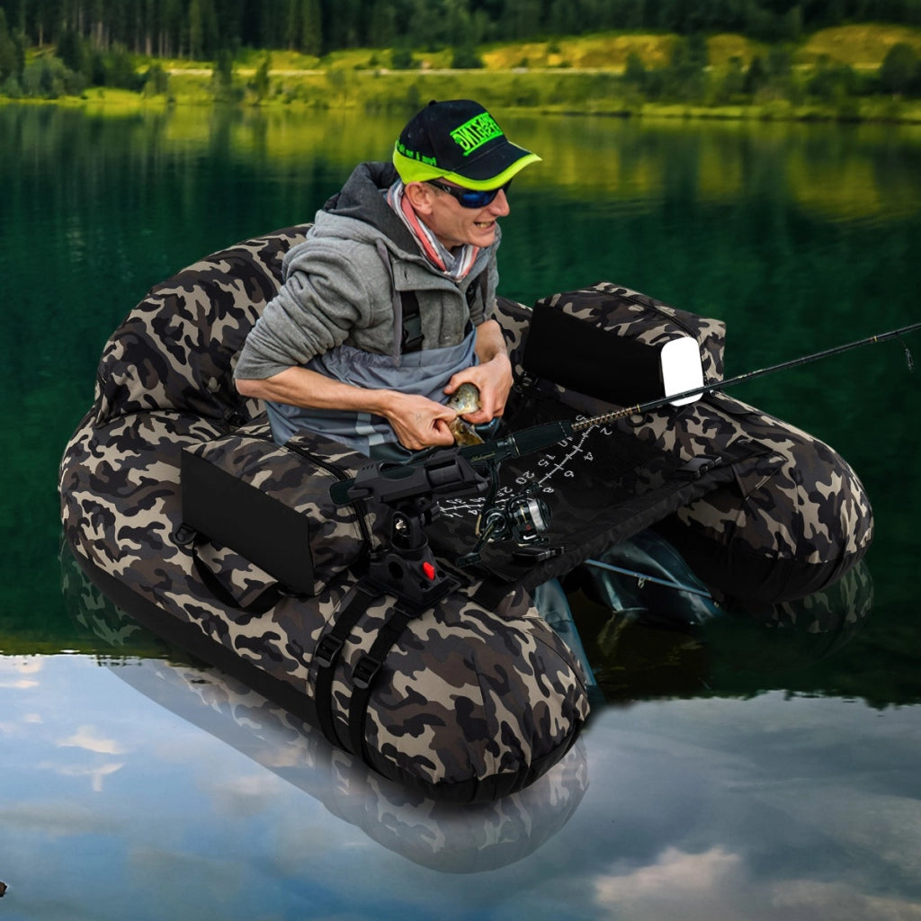 Belly boat da fiume con portacanna regolabile supporto per ami, Ciambella gonfiabile da pesca pagaia in alluminio Mimetico-Sport acquatici