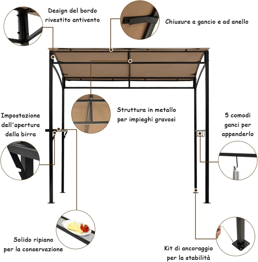 Gazebo per Barbecue, 216 x 134 x 211 cm, Pergola per BBQ con Ripiano Portaoggetti e 5 Ganci, Struttura Robusta in Metallo, per Giardino Cortile e Spiaggia