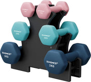 SONGMICS Set manubrio, 3 paia, 2 x 1 kg, 2 x 2 kg, 2 x 3 kg, supporto portaoggetti, palestra, sollevamento pesi, rivestimento in neoprene antiscivolo