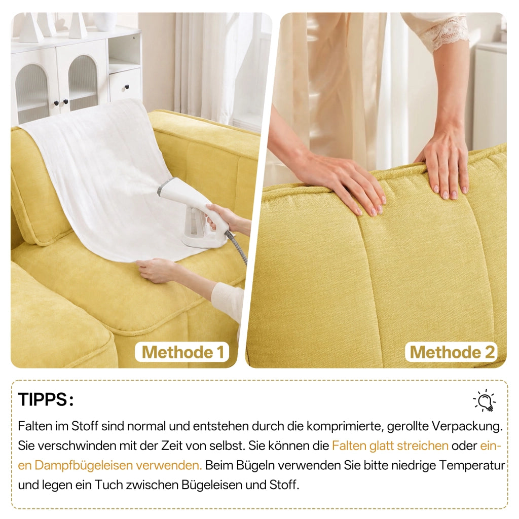 Divano angolare modulare a 2 posti senza struttura con pouf e seduta profonda in poliestere giallo 198 × 162 × 67 cm