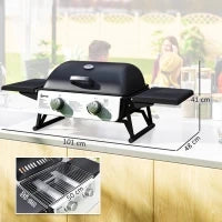 Barbecue a Gas Portatile con 2 Bruciatori e Coperchio con Termometro, Nero