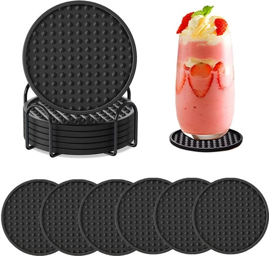 Set di 6 Sottopanchine in Silicone con Supporto - Tessuto Antiscivolo - Resistente al Calore - Prevenzione di Sovrappioggia - Sottopanchine per Vetro - Sottopanchine - Disegno a Cuscino - Sottopanchine - Nero - Regalo