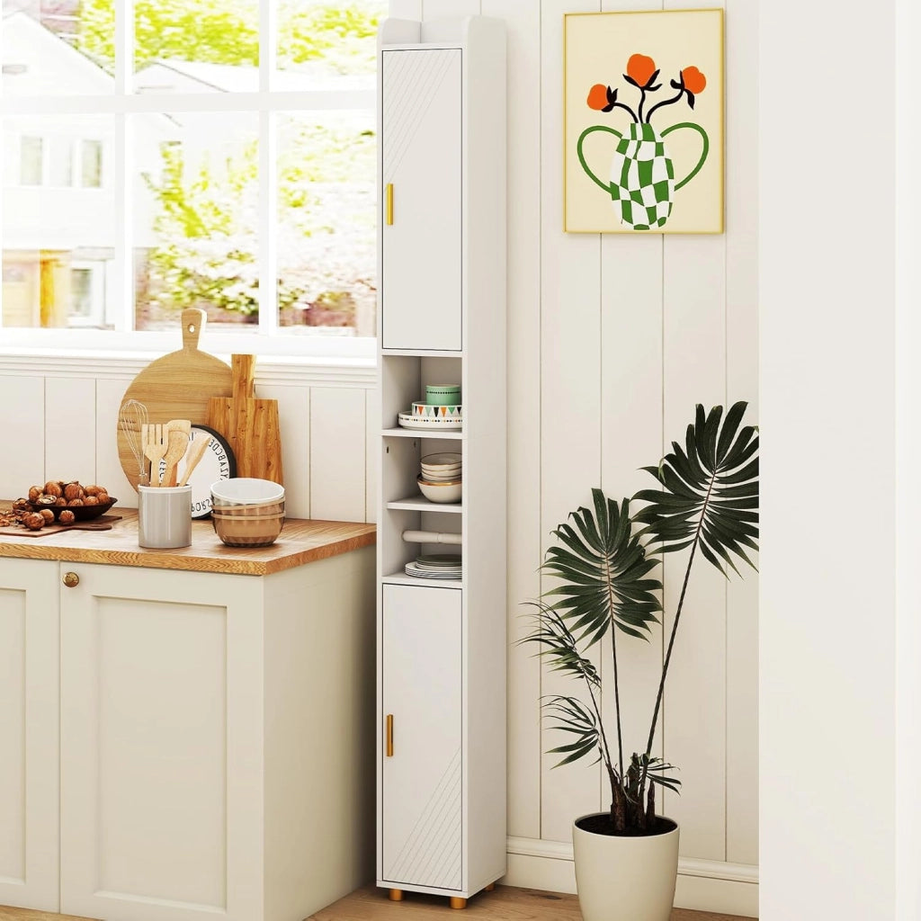 Mobile da Bagno Salvaspazio, Mobiletto Alto e Stretto con 2 Ante, Ripiani Regolabili e Gancio Laterale, Armadio da Terra per Cucina e Soggiorno, 20 x 20 x 179 cm