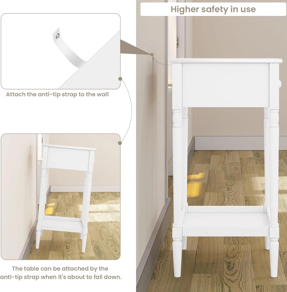 Comodino Alto con Cassetto e Ripiano Aperto, Tavolino da Divano 35x35x70,5cm, Tavolino da Salotto Bianco per Camera da Letto, Soggiorno, Stile Barocco, Gambe in Legno Massello, NTS09ws