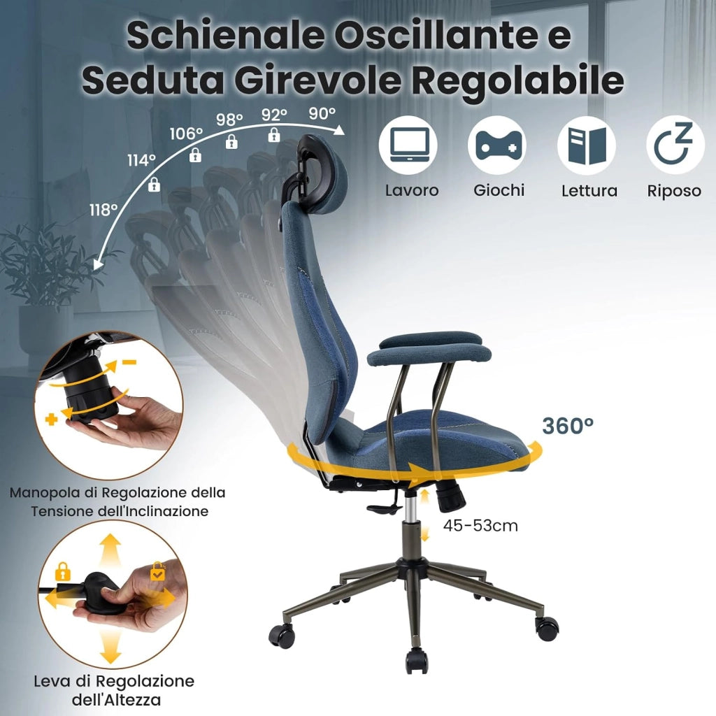 Sedia da Ufficio Ergonomica, Sedia da Scrivania in Tessuto di Lino con Poggiatesta 2D, Schienale Oscillante e Ruote, Poltrona da Lavoro Regolabile Girevole, Portata 150 kg (Blu)