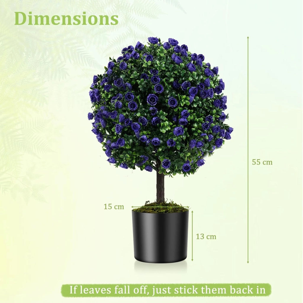 Set di 2 alberi di bosso con rose viola, piante artificiali in vaso con palline di cespugli di bosso, protezione solare, piante ornamentali per ingresso, soggiorno, balcone