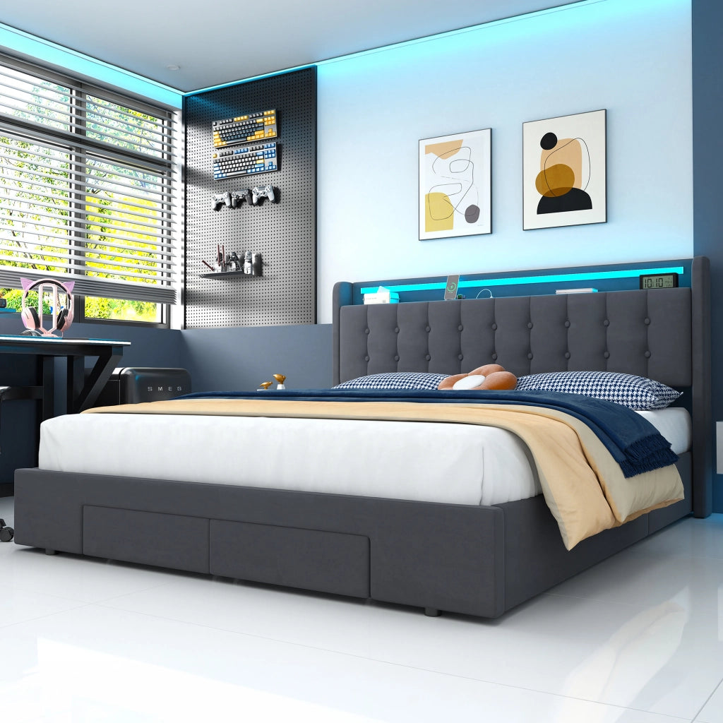 Letto matrimoniale imbottito 180x200 cm grigio scuro in velluto con contenitore, cassetti, LED e porta USB