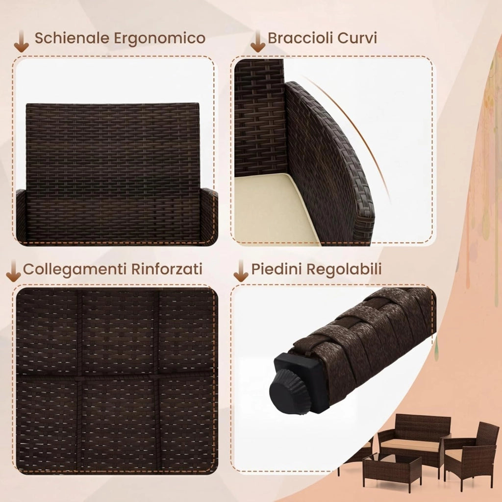 Salotto da Giardino Esterno 4 Pezzi, Set Giardino Esterno con Divanetto, 2 Poltrone e Tavolino da Caffè in Vetro Temperato, Salotto da Patio con Cuscini per Balcone, Veranda (Marrone+Beige)