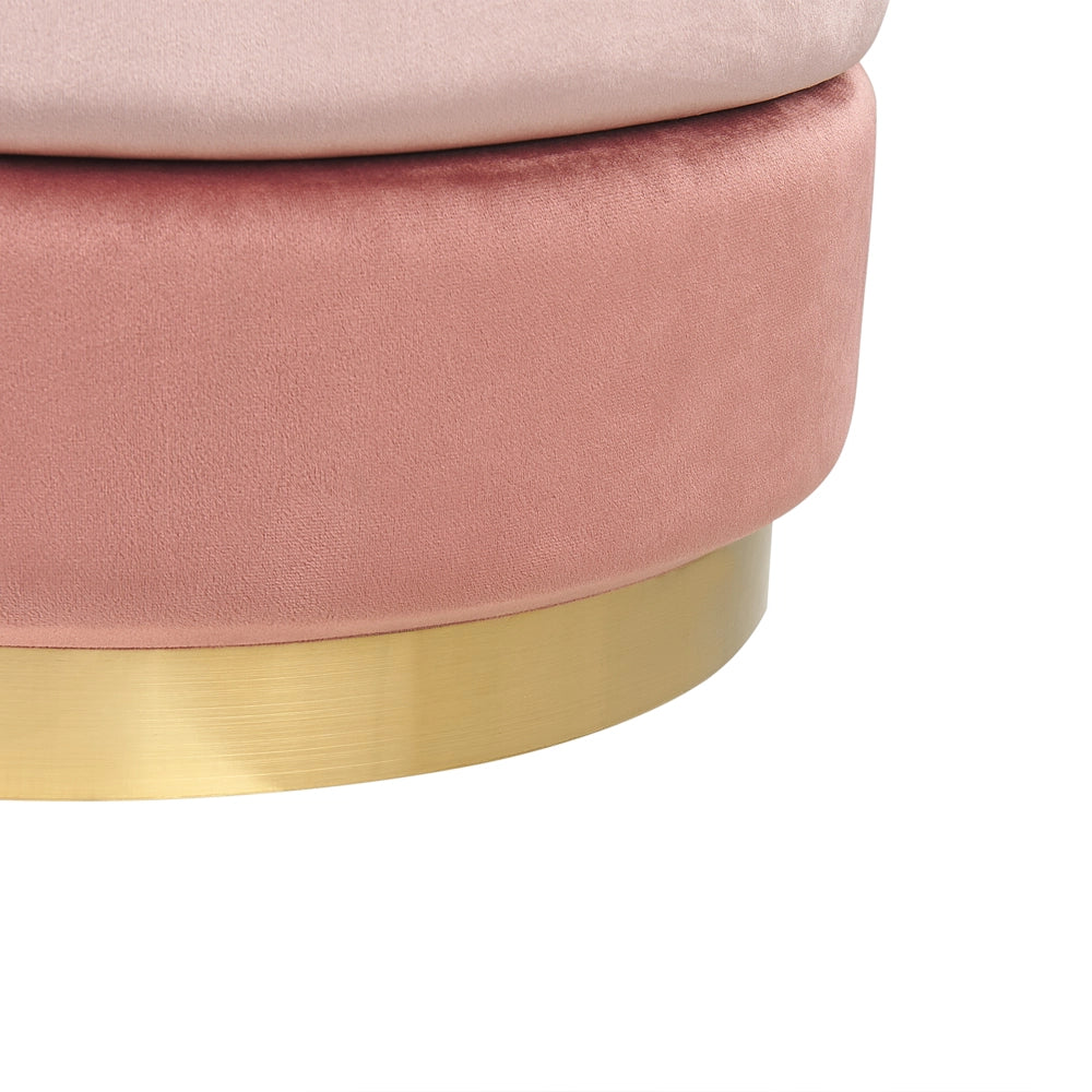 Pouf in tessuto di velluto di colore rosa rotondo con base in oro glamour stile moderno