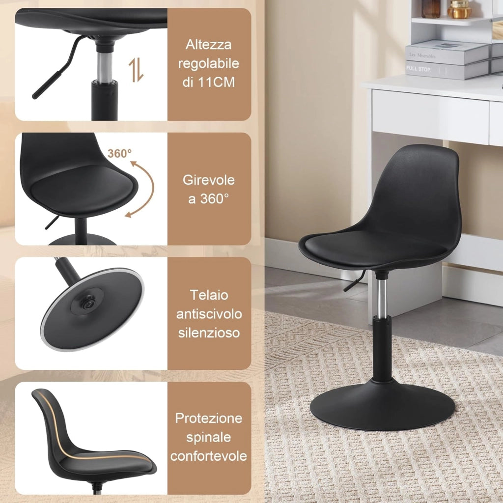 2x Sgabello con Schienale Moderno Sedia da Cucina Girevole a 360° Altezza Regolabile Senza Braccioli in PU Altezza della Sedia 39,5cm-50,5cm Nero BH304sz-2