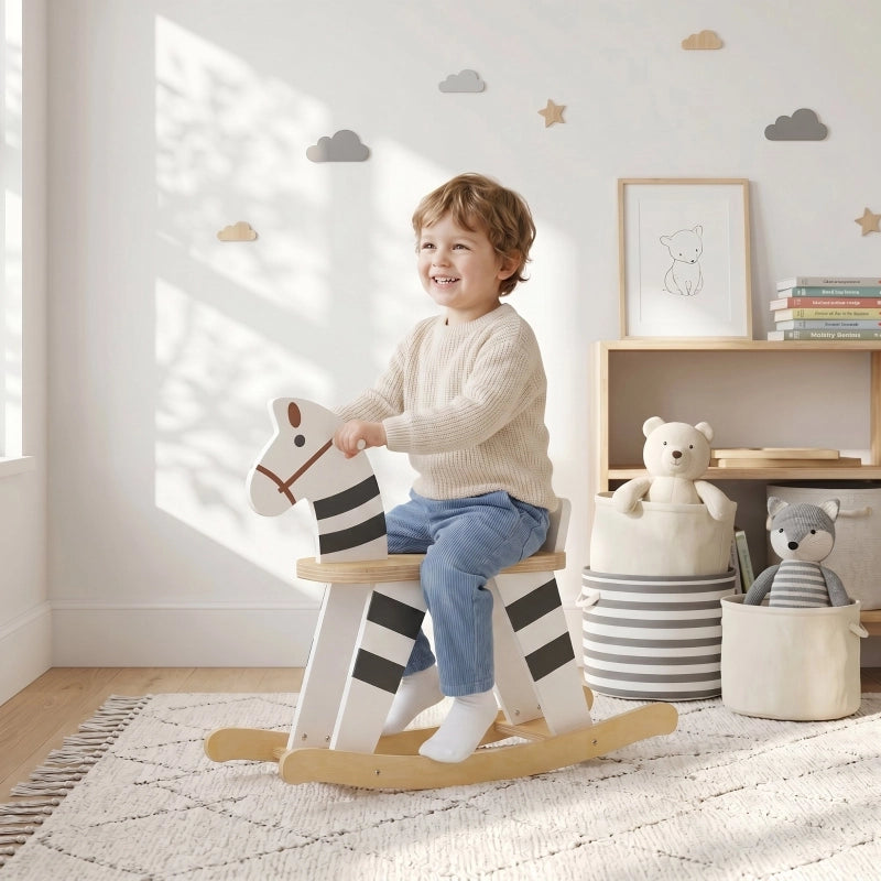 Cavallo a dondolo, animale a dondolo per bambini con maniglie e schienale a forma di pony per bambini da 1,5 a 3 anni, bianco e nero