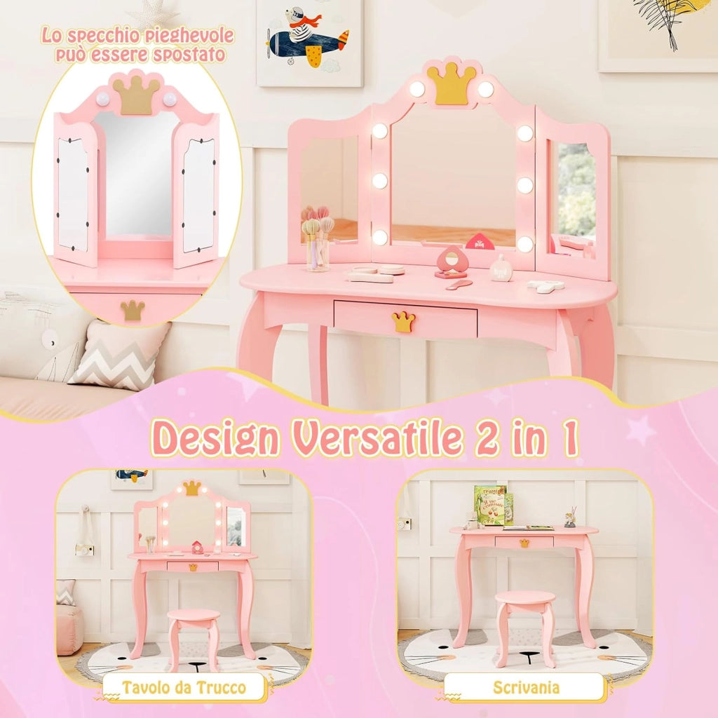 Set Toeletta Trucco per Bambina con Sgabello, Tavolo Trucco Triplo Specchio Staccabile con Luci LED a 3 Colori, Postazione Trucco con Cassetto e Accessori, per Bambine 3-7 Anni (Rosa)