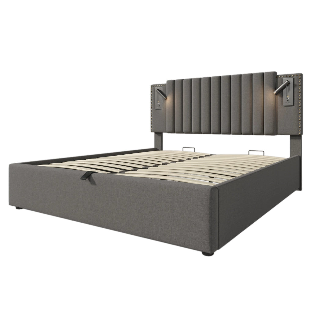 Letti contenitori 160x200 cm; testiera regolabile con luce e USB; cotone; grigio (Senza materasso)