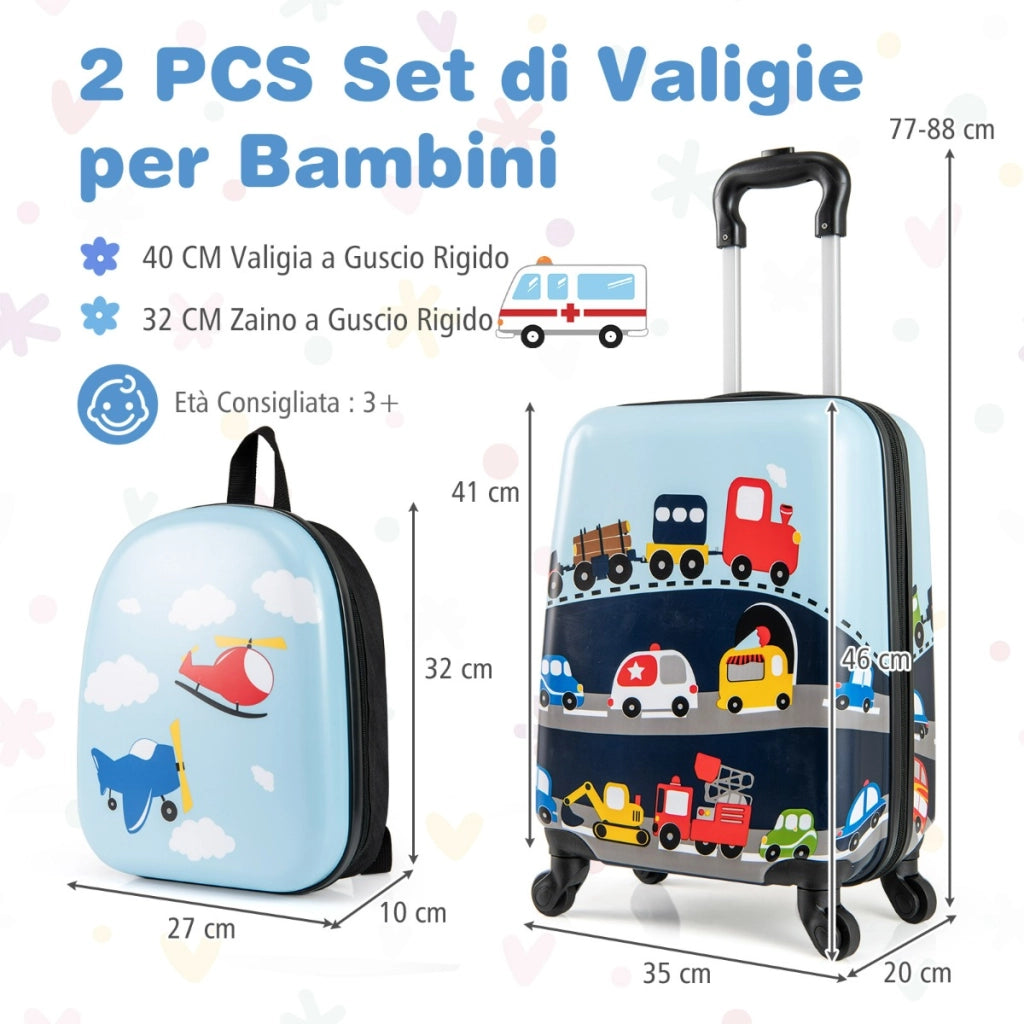 Set di 2 valigie per bambini con ruote con zaino con spallacci regolabili, Bagaglio da viaggio con motivi carini Blu e Blu Scuro-Bagagli e borse