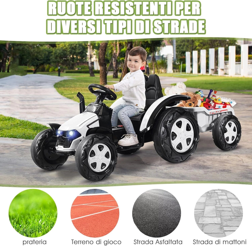 Trattore Elettrico per Bambini con Rimorchio, 2 in 1 Go Kart e Trattore per Bambini 3-8 Anni, con Telecomando e Cintura di Sicurezza a 2 Punti (Bianco)