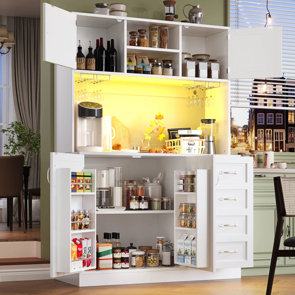OKWISH Credenza da Cucina Alta con 4 Ante e 2 Cassetti, LED, Portabottiglie, per Cucina, MDF, Bianco, 120×40×188 cm