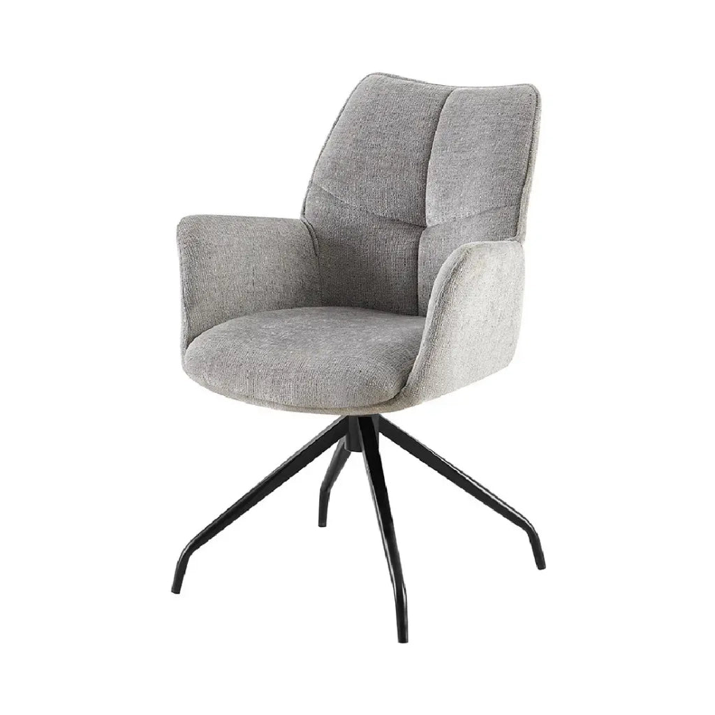 Sedia da pranzo girevole TRINITY – Tessuto grigio – Con braccioli – Piedi in metallo nero – Stile design/industriale