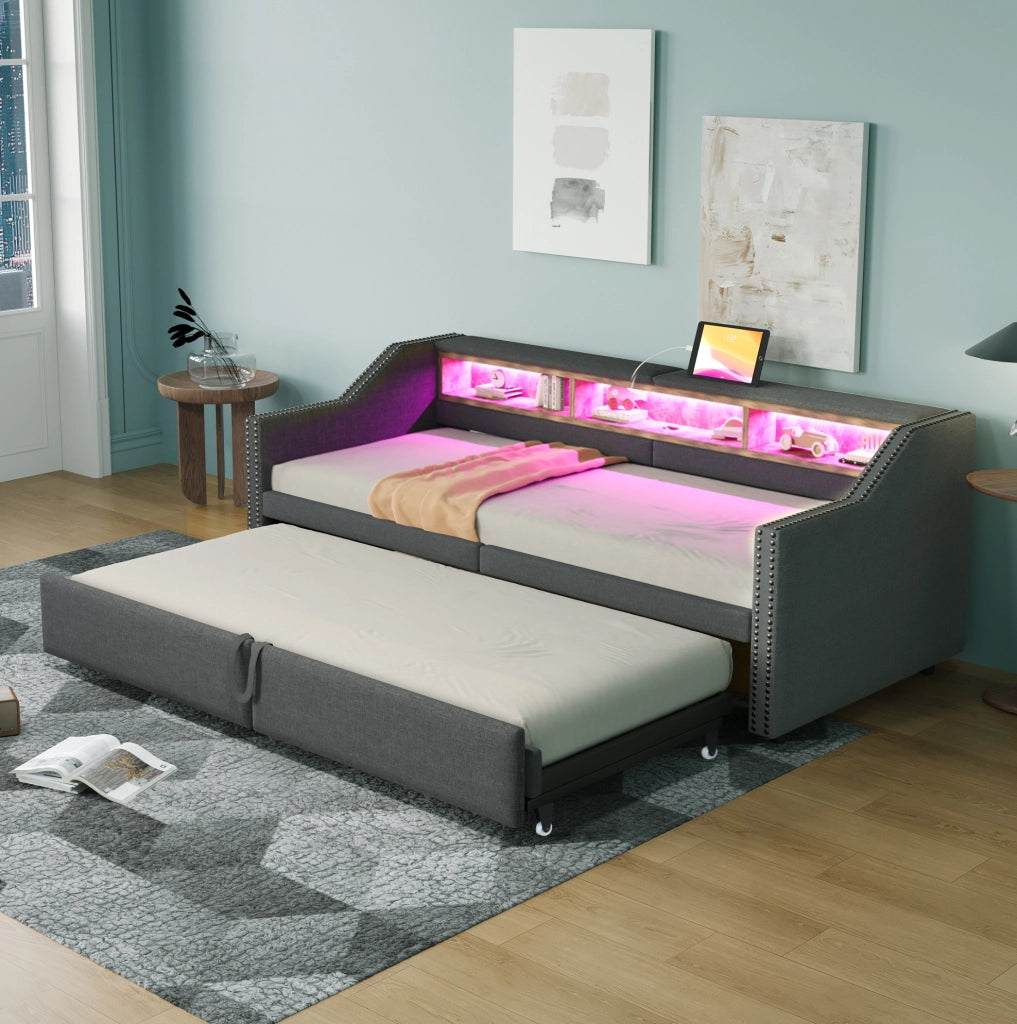 Divano letto imbottito estraibile 90/180 x 200 cm in tessuto effetto lino; grigio scuro