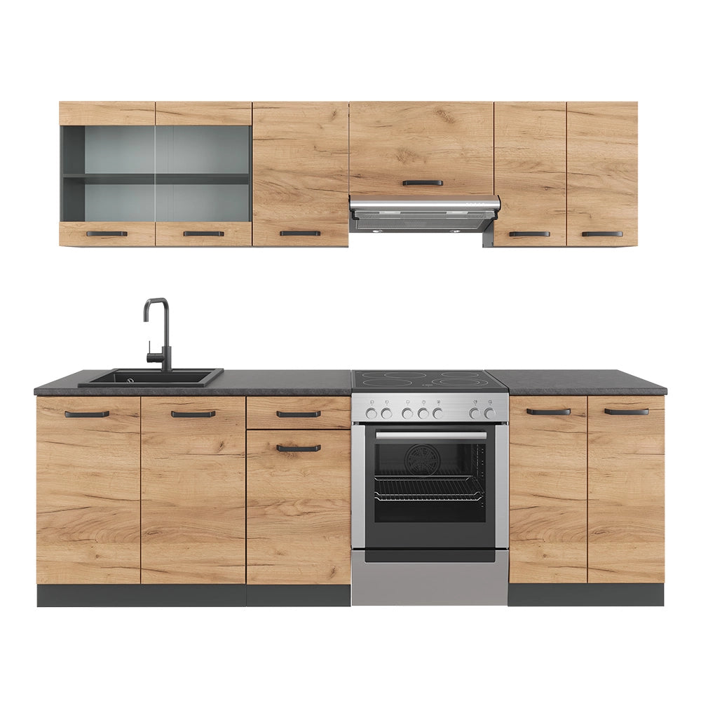 Mobile da cucina Raul Rovere dorato/Antracite 240 cm, PL Fantasia nera con striscia LED Vicco