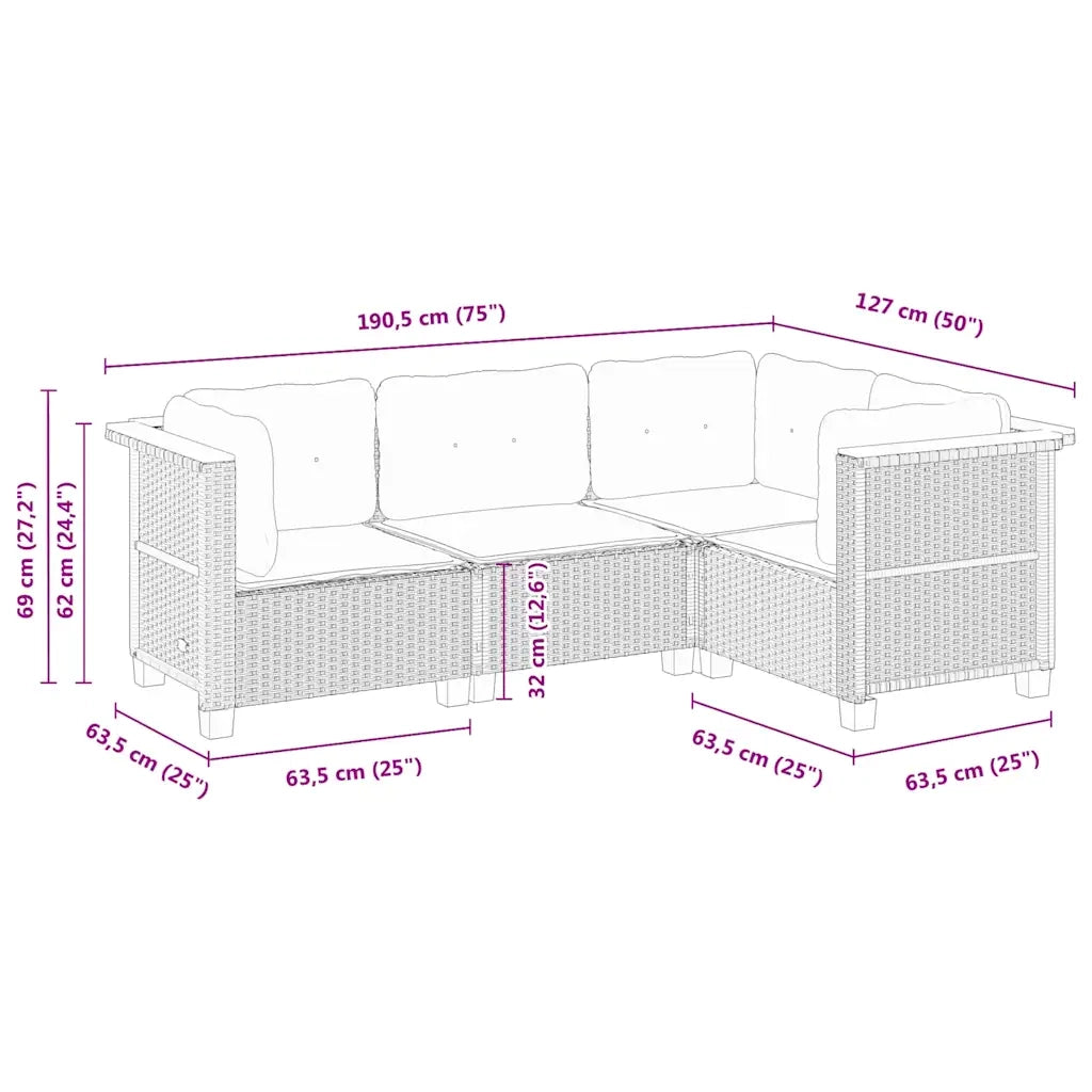 Set Divani da Giardino 4 pz | Set Salotto da Giardino con Cuscini Nero in Polyrattan