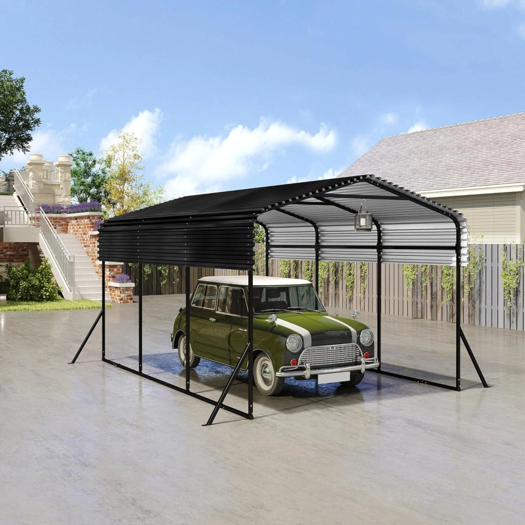 Tettoia per auto in metallo, 300 x 450 cm, con tetto a punta in lamiera trapezoidale, stabile, riparo auto, protezione solare e resistente alle intemperie