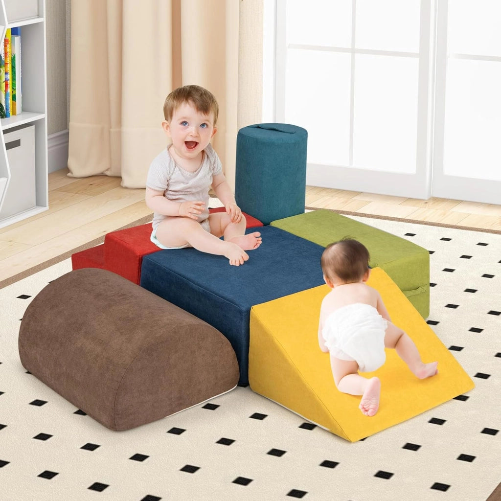 Set di 6 Blocchi di Arrampicata per Bambini, Set di Costruzioni Morbide con Tessuto Ciniglia, Mattoncini in Spugna ad Alta Densità con Maniglie, Ostacoli per Scalare per 1-3 Anni (Multicolore)