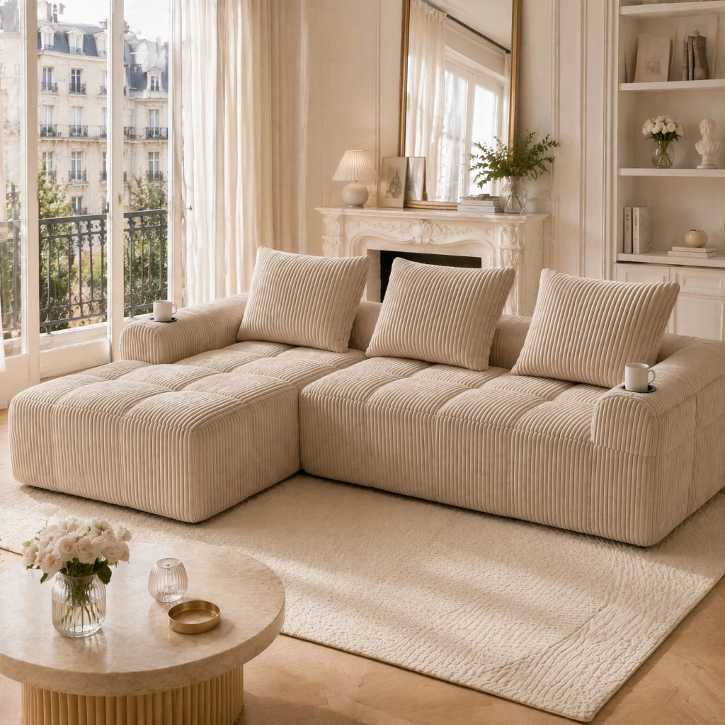 SOFA Modulare in Cord 253x158x61 cm Khaki con tasche laterali, portabicchieri e 3 cuscini