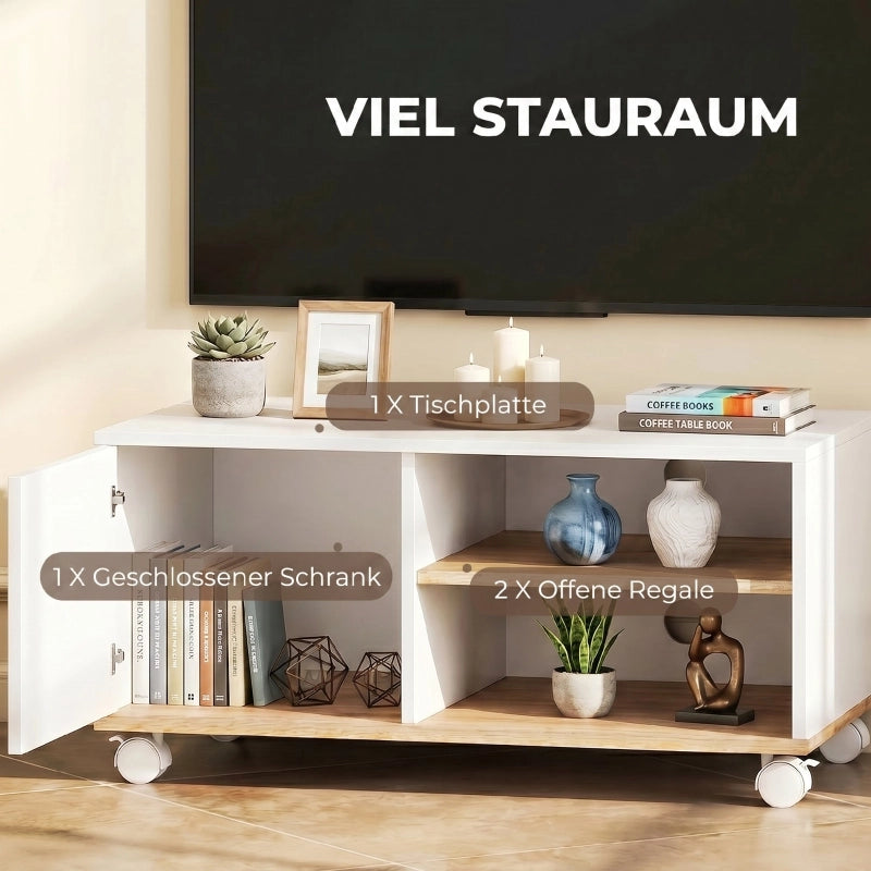 MOBILE TV su ruote 80x45x41 cm Bianco e Quercia con anta e ripiano regolabile