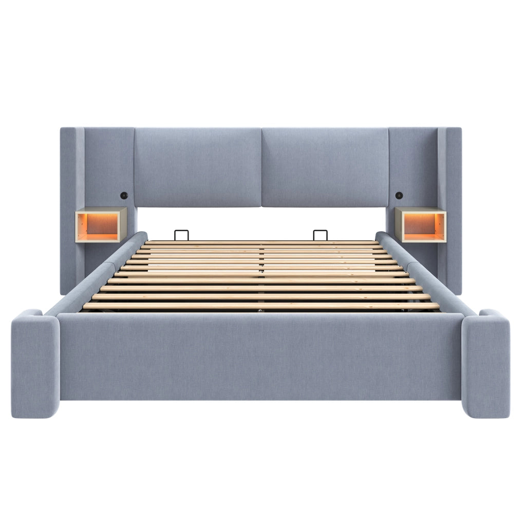 Letto contenitore 140x200 cm imbottito in lino grigio con sollevamento idraulico e LED