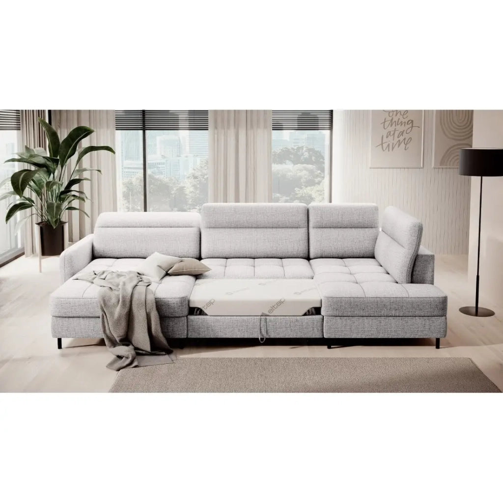 Divano angolare convertibile BERTHO 306 cm grigio chiaro – Angolo sinistro con contenitore