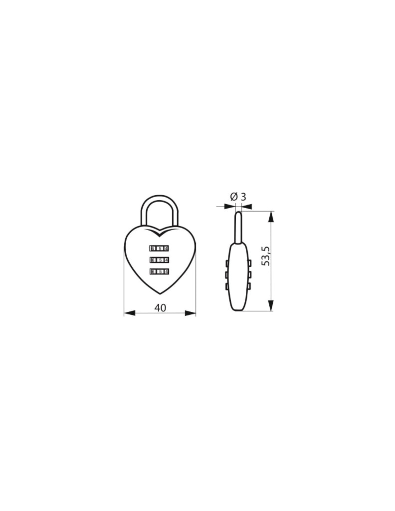 Lucchetto a combinazione Fantasy Heart con decorazione a cuore, 3 cifre, interno, arco in acciaio – THIRARD