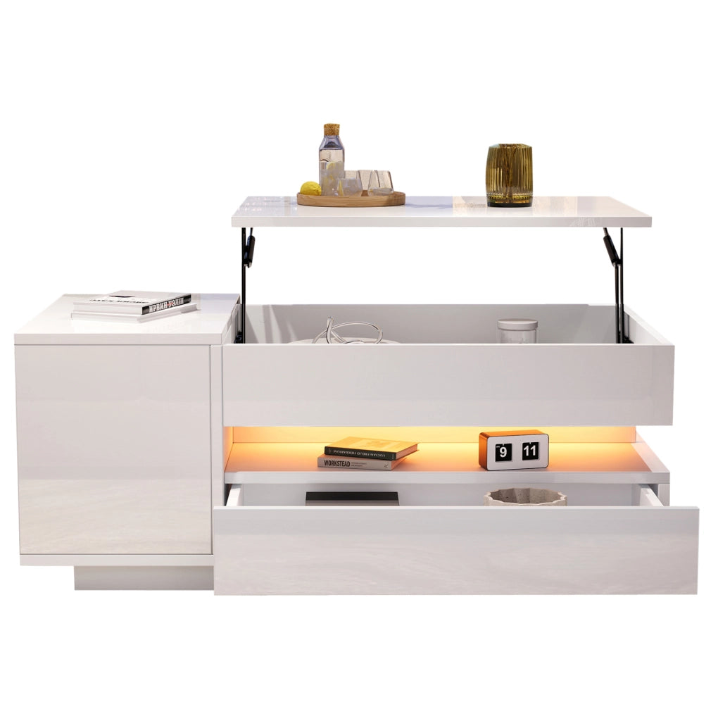 Tavolino da salotto alzabile con LED; cassetto e vano contenitore 90x50x34;5 cm in truciolare bianco