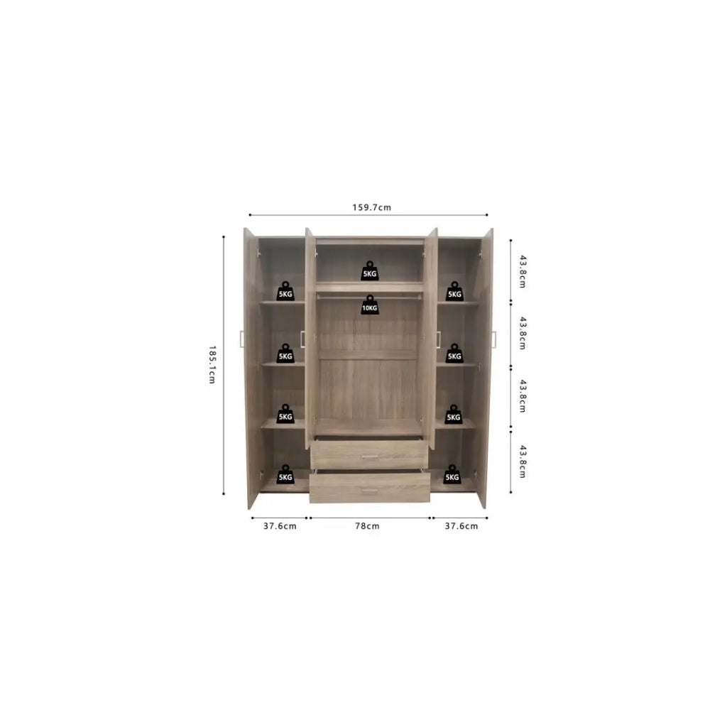 Armadio TOM 4 porte – Rovere Sonoma – Con specchio – L160 x H185 cm
