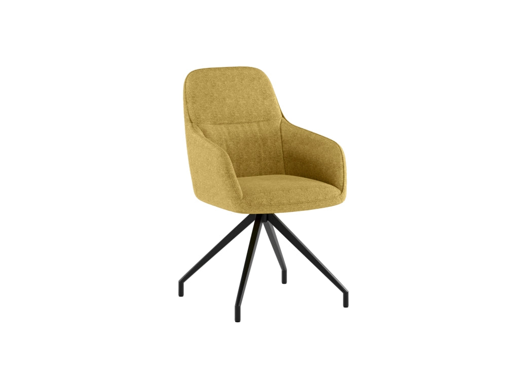Sedia da pranzo girevole Gaia design moderno a conchiglia con rivestimento in tessuto giallo e struttura in metallo nero - OM